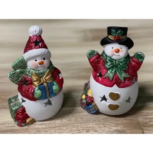 Christmas Decoration Set of 2 Snowmen Candle Holders Glass